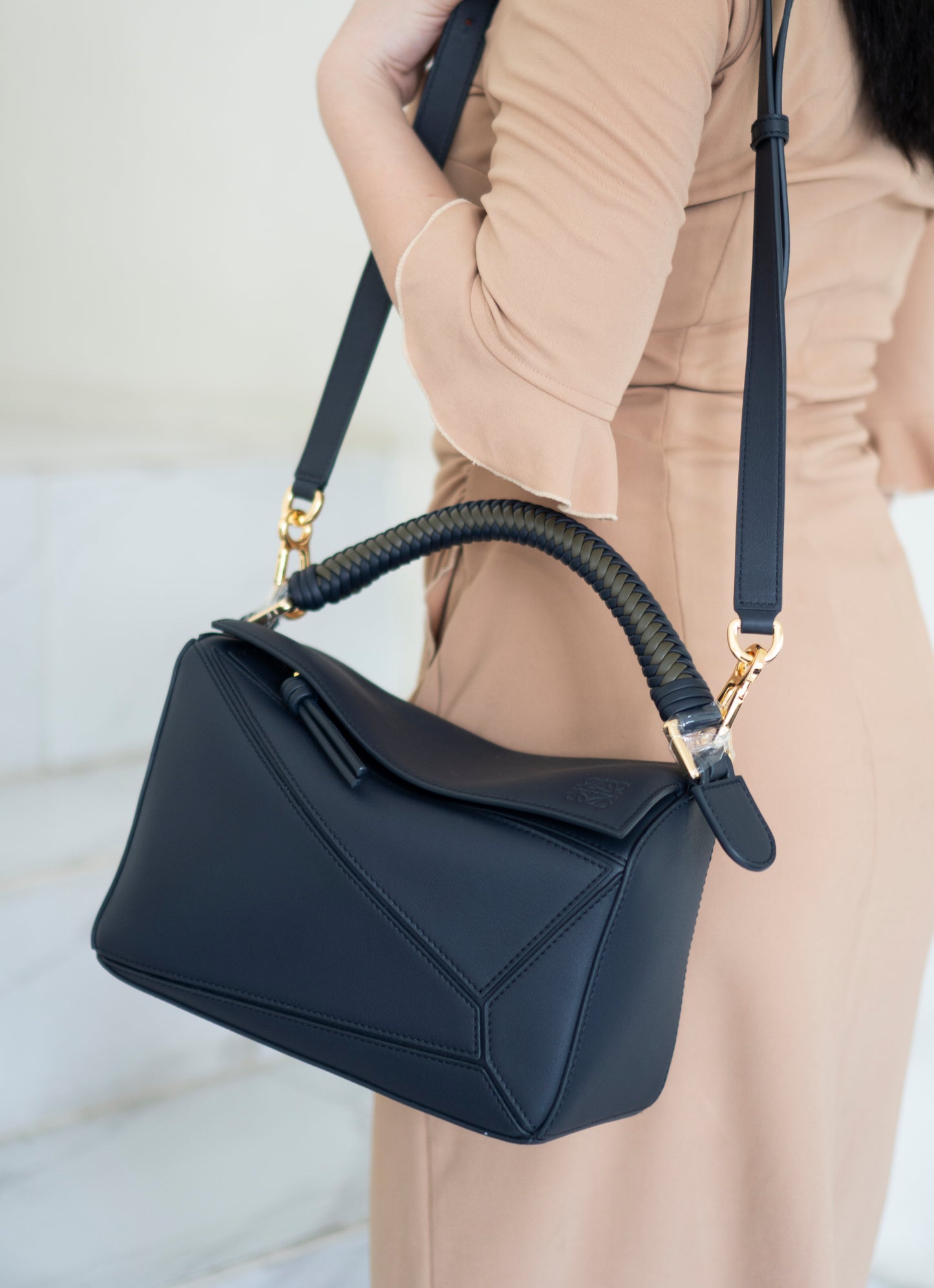 Puzzle Bag with Woven Top Handle in Dark Ink / Dark Khaki