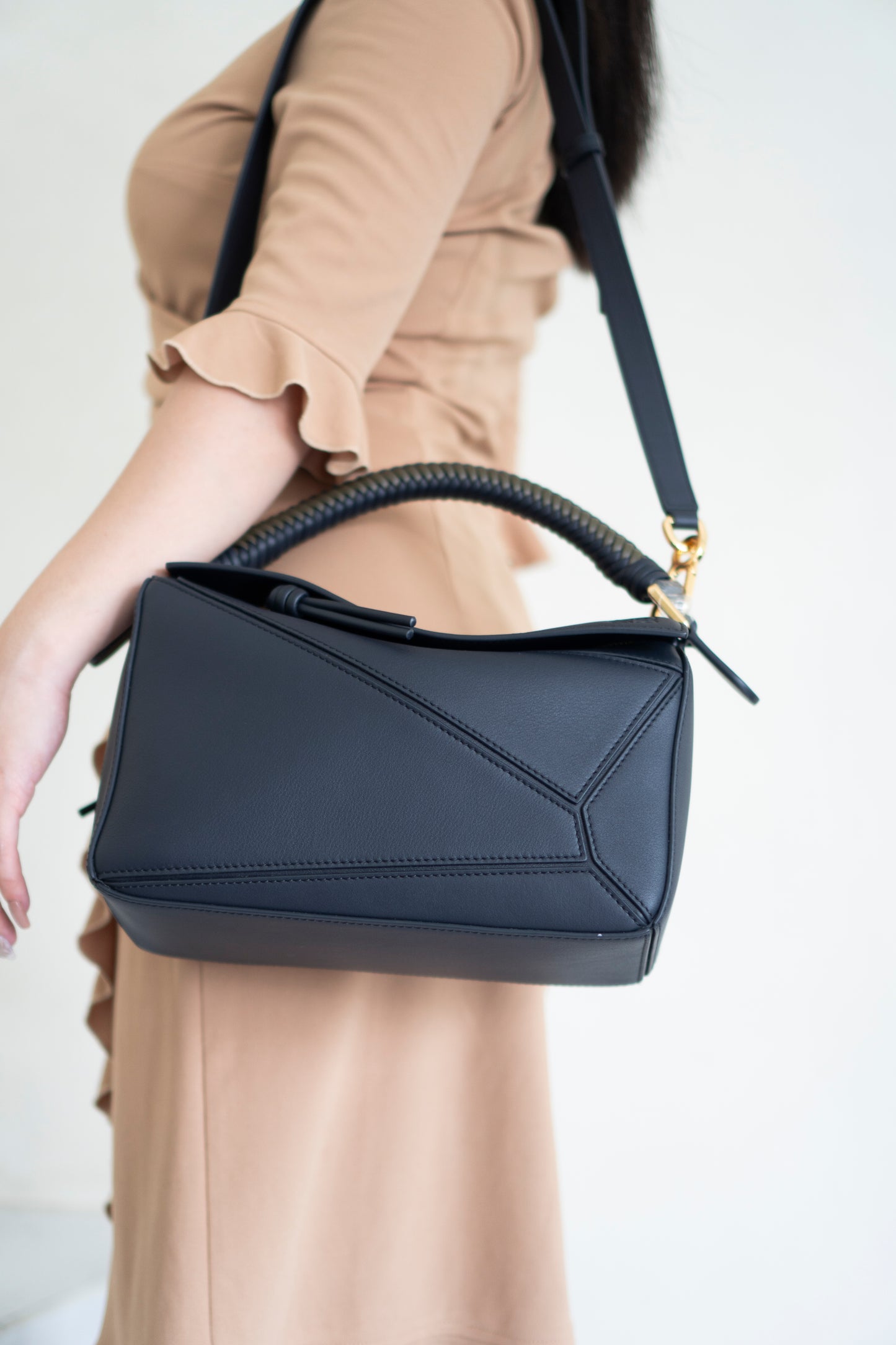 Puzzle Bag with Woven Top Handle in Dark Ink / Dark Khaki