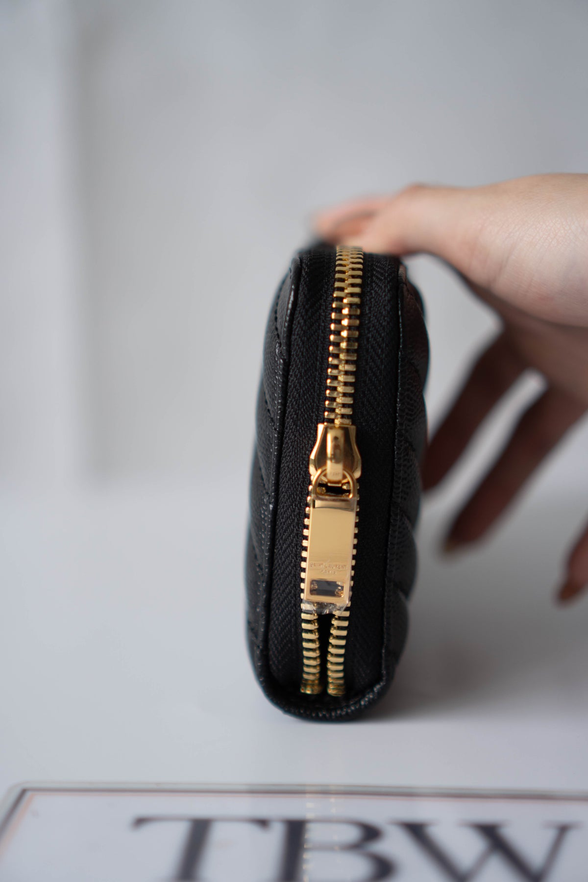 YS Monogram Zip-Around Wallet – Black Grain de Poudre Leather with Gold Hardware