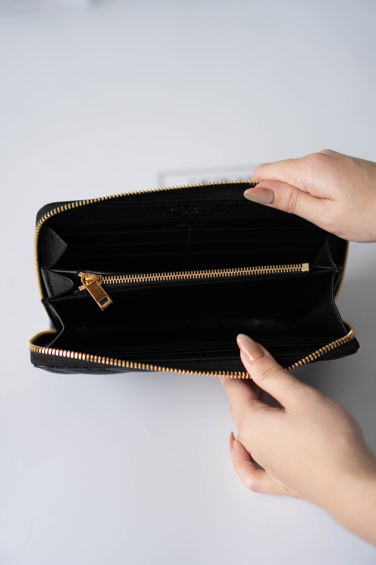 YS Monogram Zip-Around Wallet – Black Grain de Poudre Leather with Gold Hardware