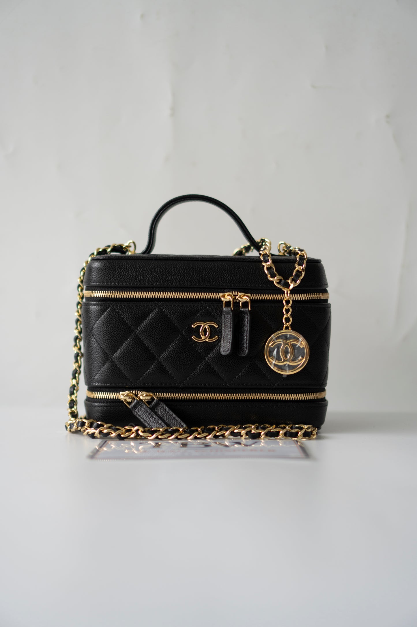 Quilted Caviar Double Zip Vanity Case with Chain & Charm