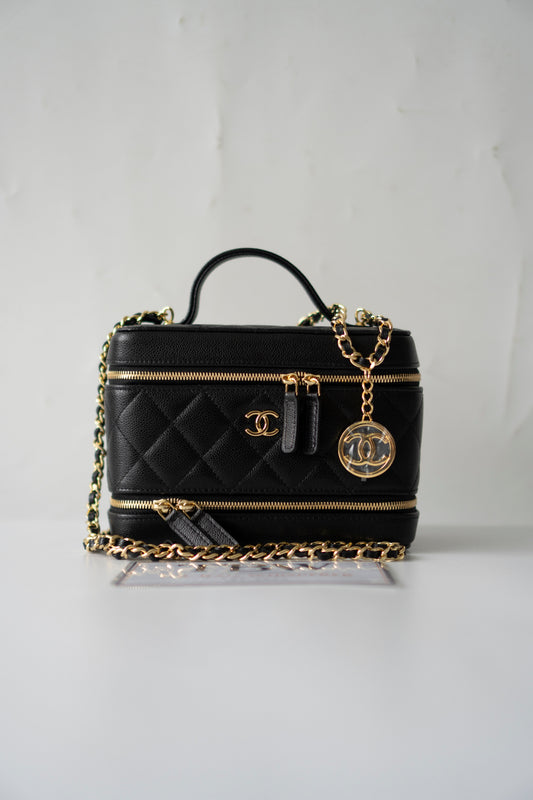 Quilted Caviar Double Zip Vanity Case with Chain & Charm