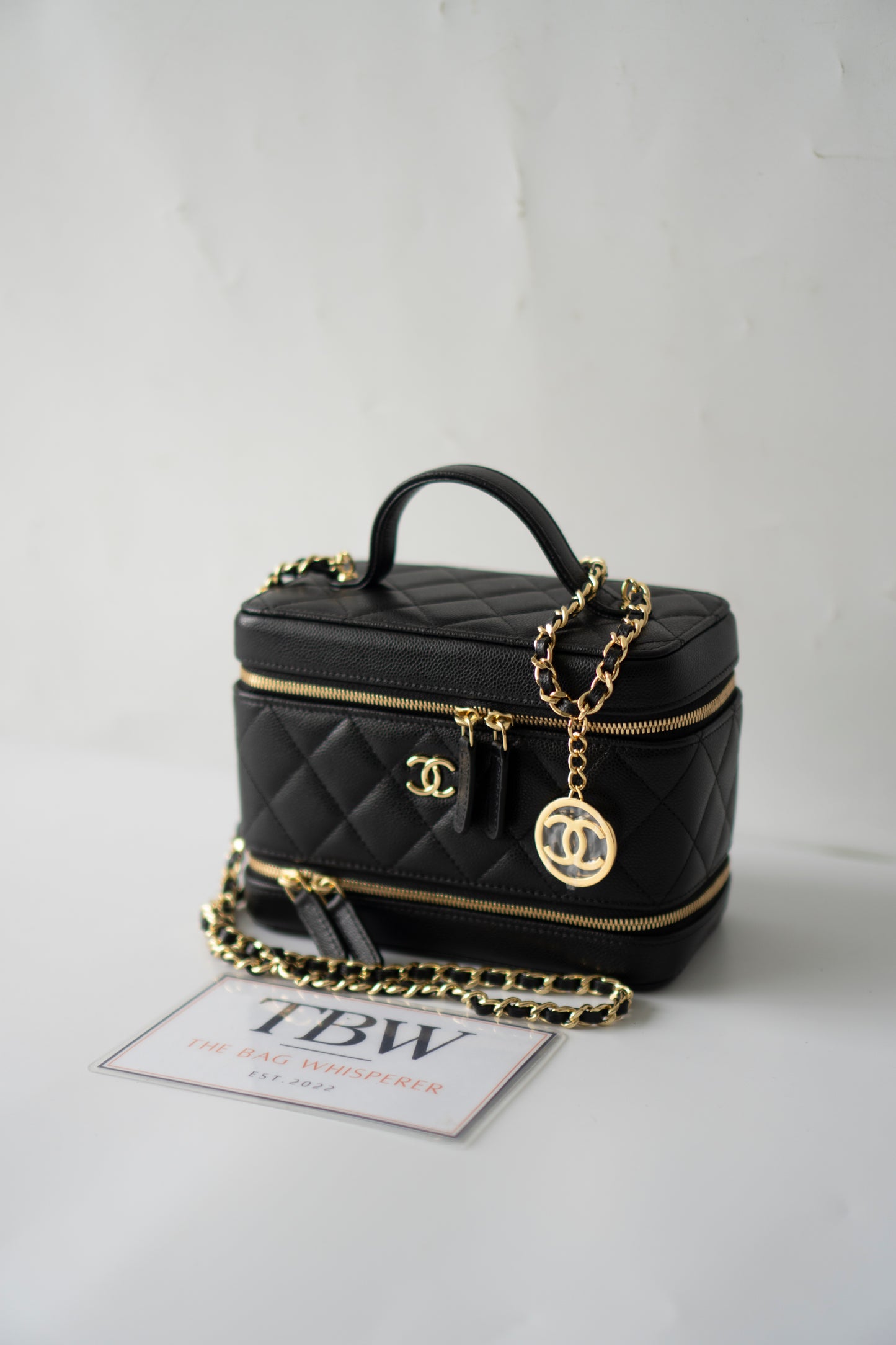 Quilted Caviar Double Zip Vanity Case with Chain & Charm