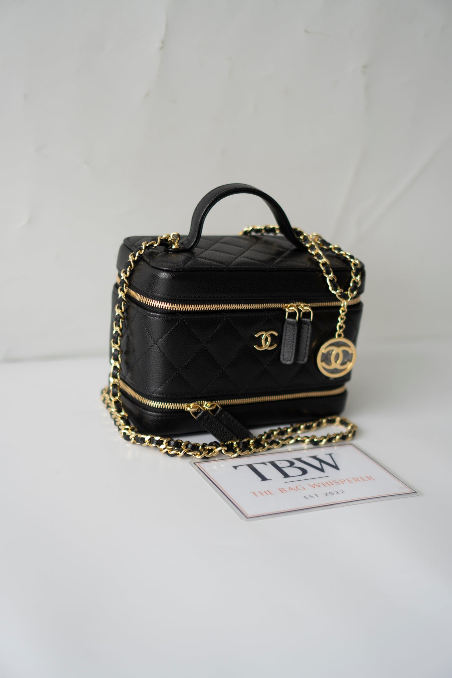 Quilted Caviar Double Zip Vanity Case with Chain & Charm