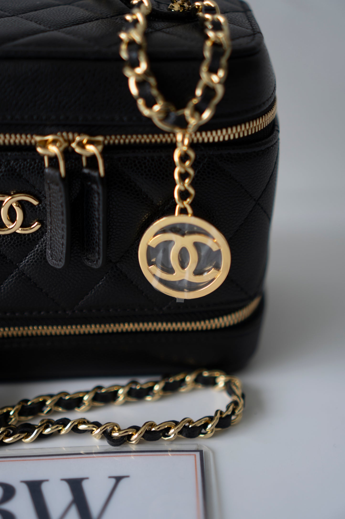 Quilted Caviar Double Zip Vanity Case with Chain & Charm