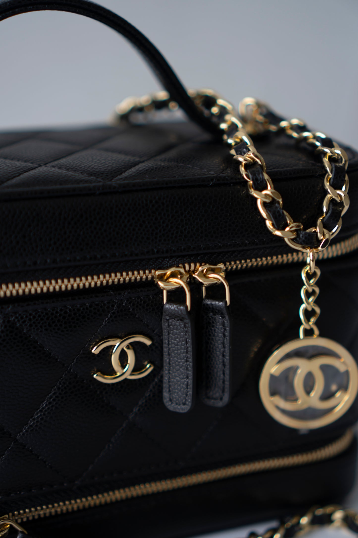 Quilted Caviar Double Zip Vanity Case with Chain & Charm