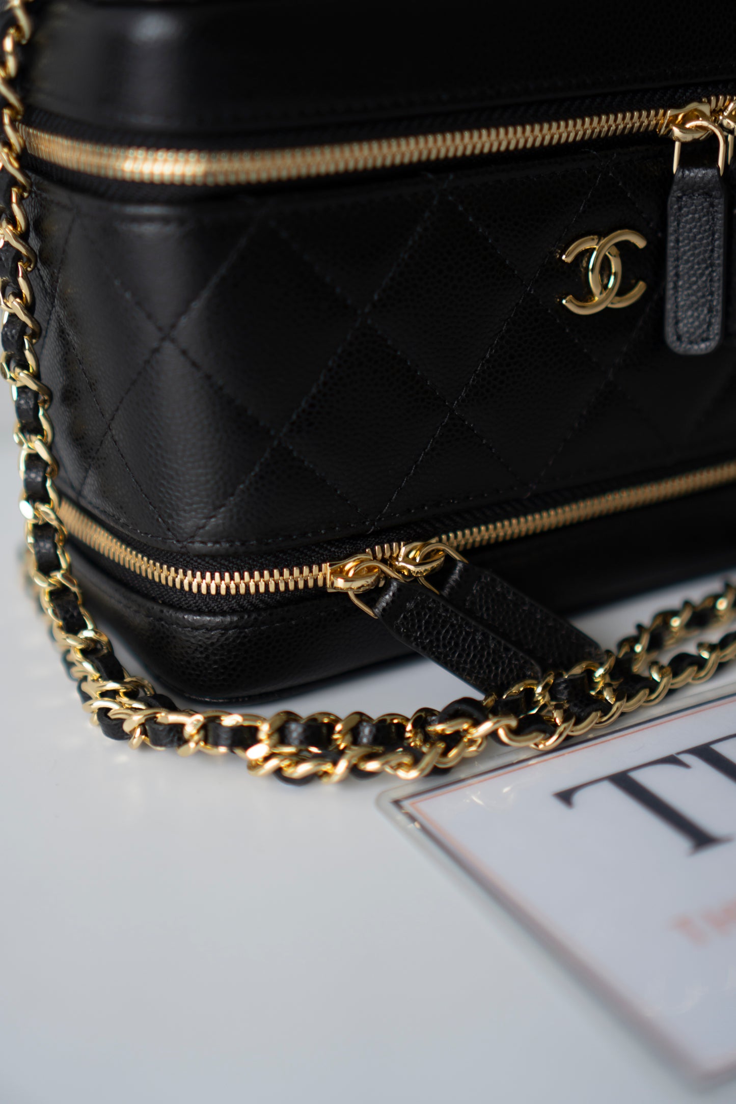 Quilted Caviar Double Zip Vanity Case with Chain & Charm