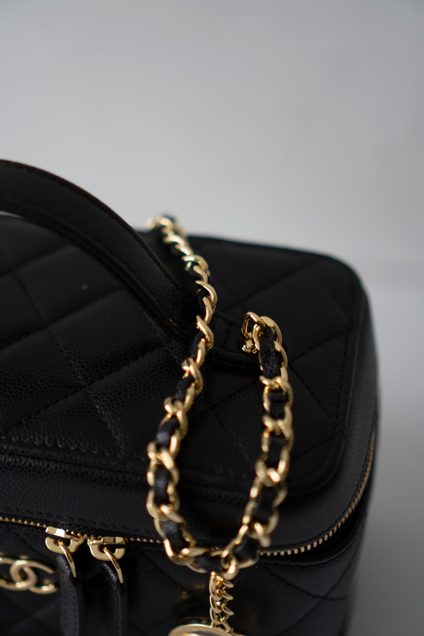 Quilted Caviar Double Zip Vanity Case with Chain & Charm