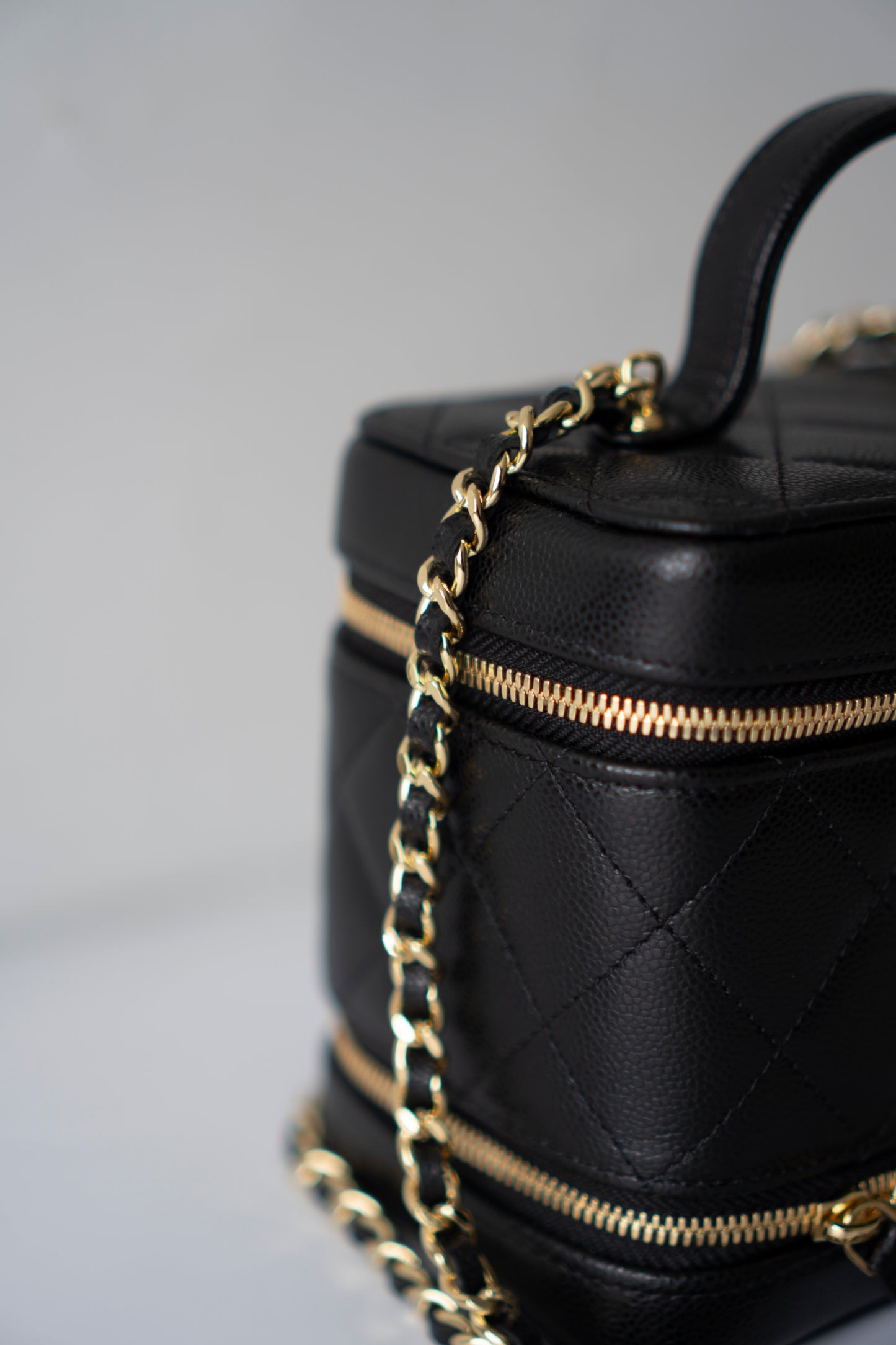 Quilted Caviar Double Zip Vanity Case with Chain & Charm