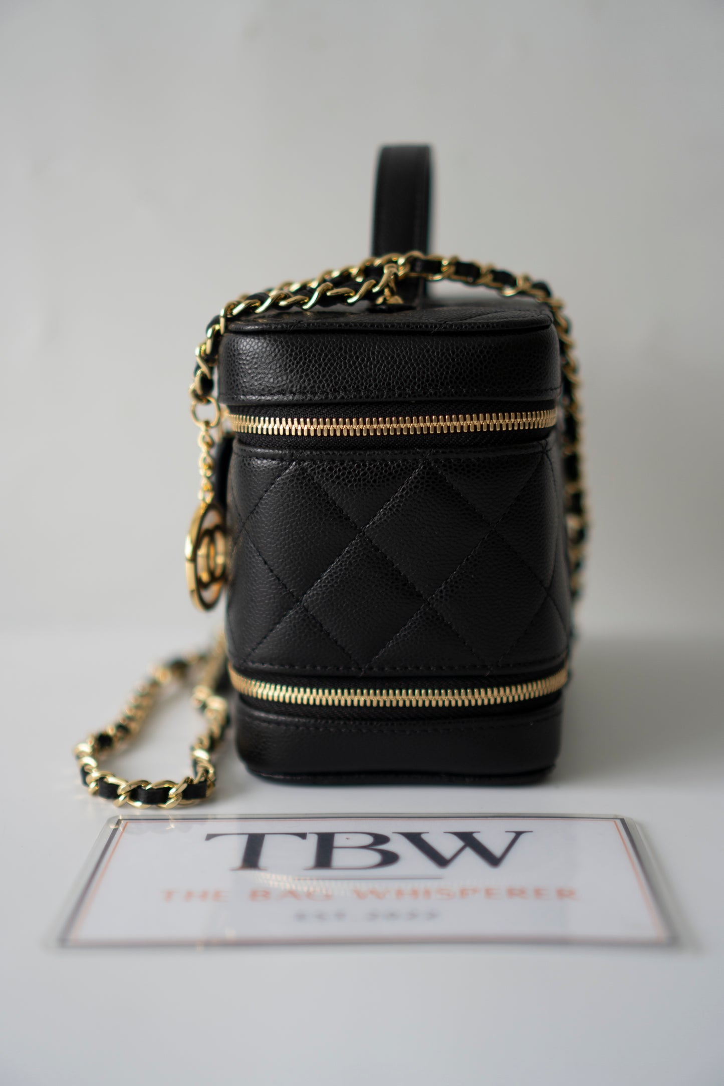 Quilted Caviar Double Zip Vanity Case with Chain & Charm