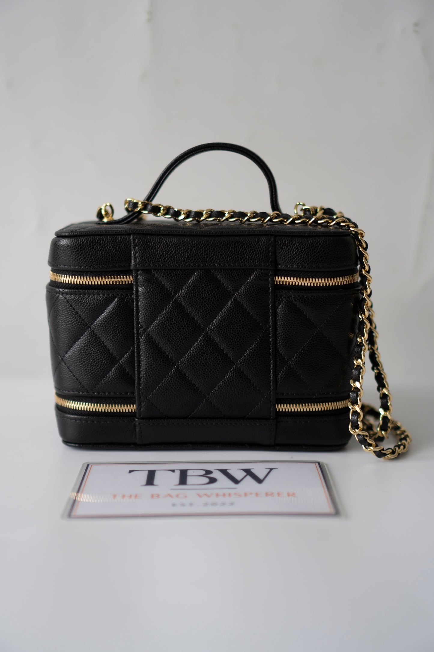 Quilted Caviar Double Zip Vanity Case with Chain & Charm