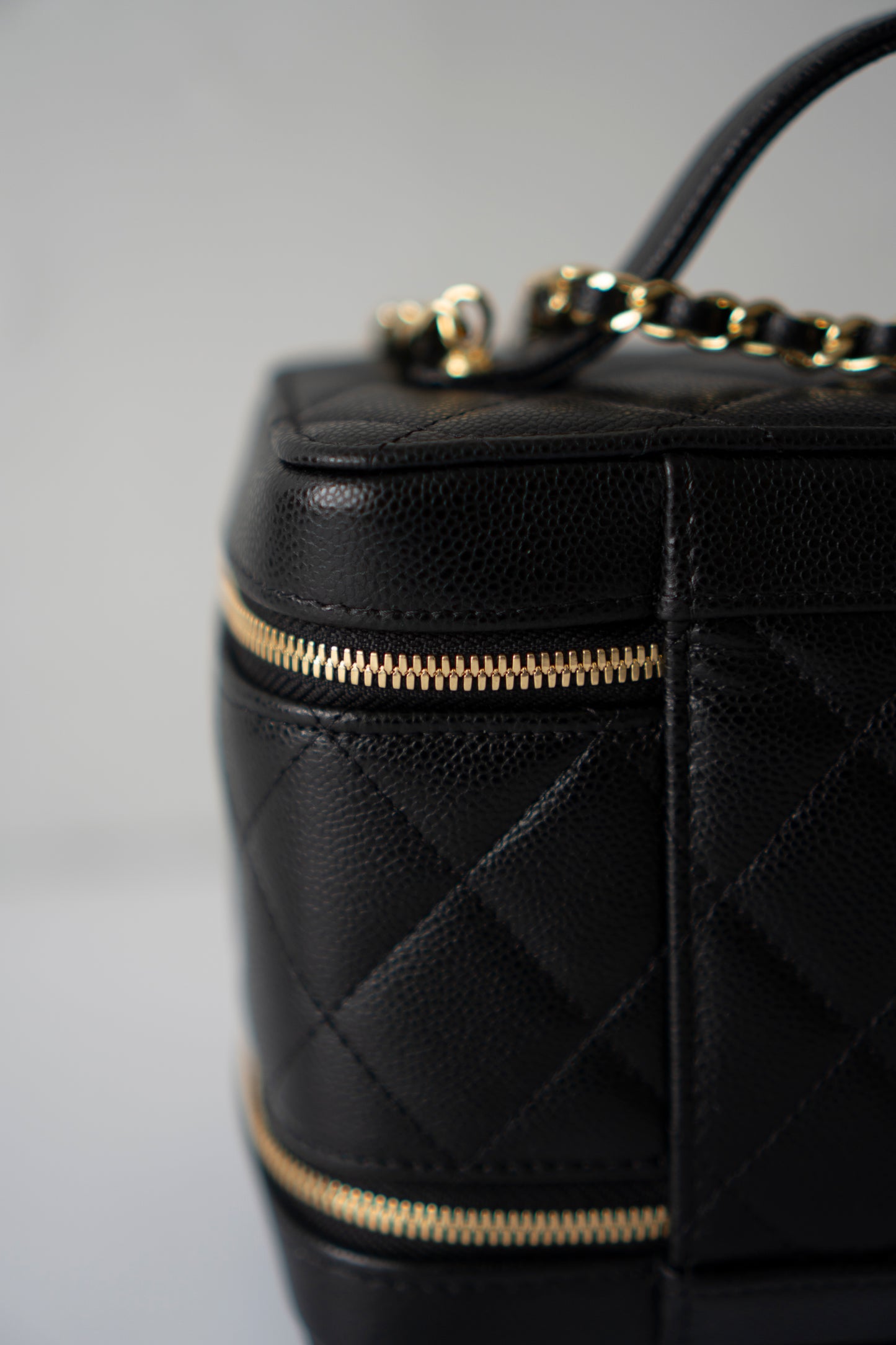 Quilted Caviar Double Zip Vanity Case with Chain & Charm