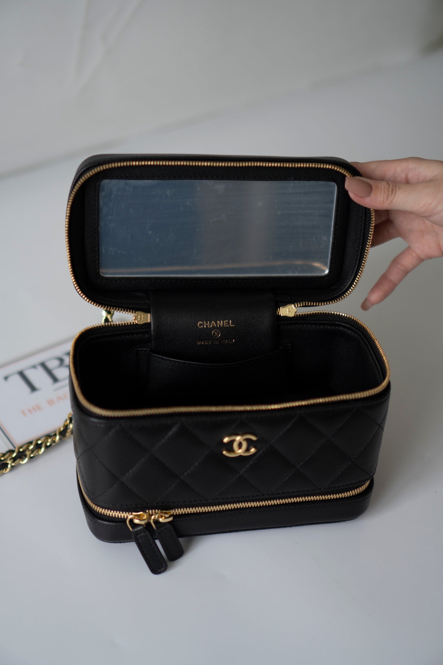Quilted Caviar Double Zip Vanity Case with Chain & Charm