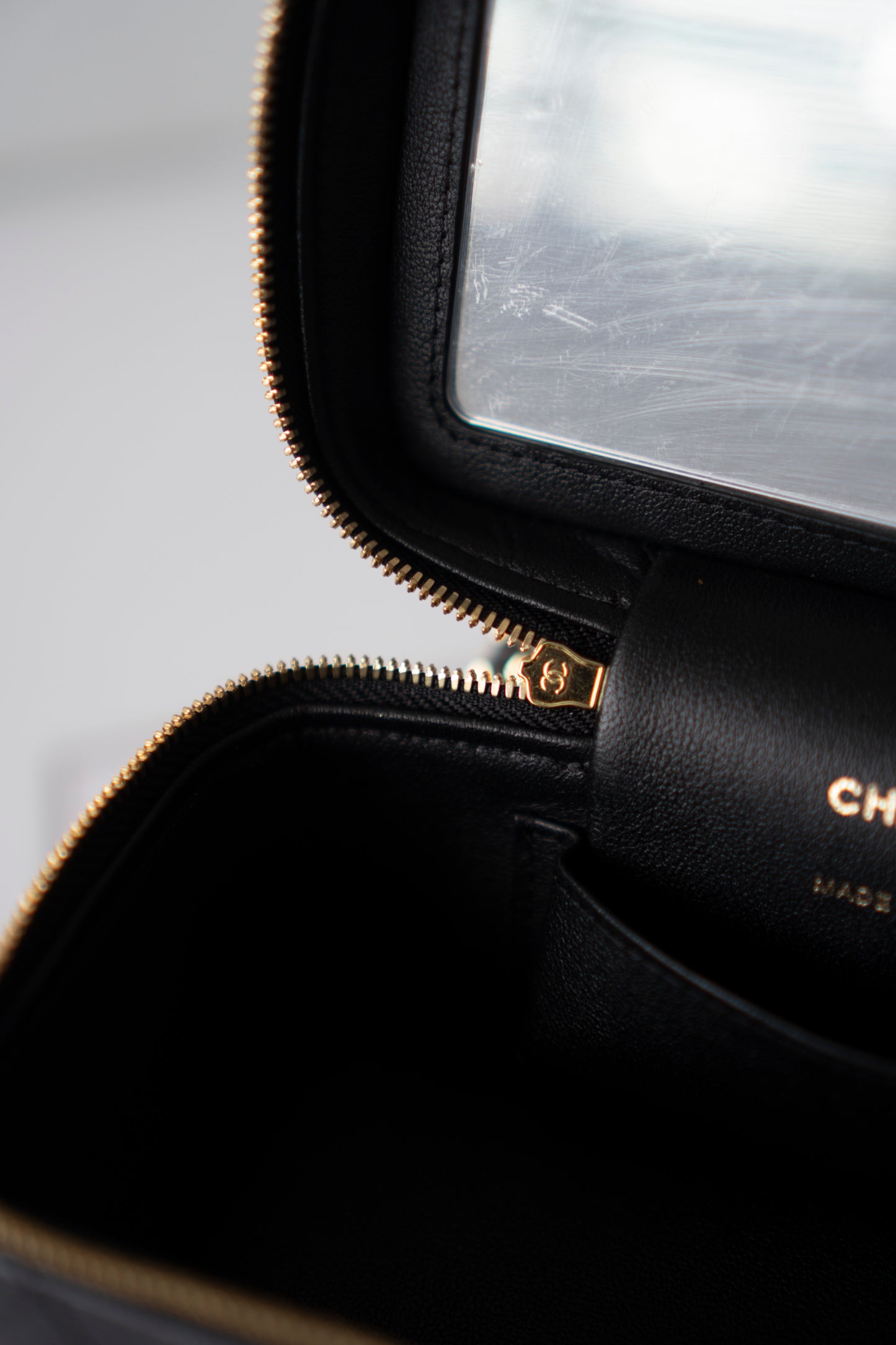 Quilted Caviar Double Zip Vanity Case with Chain & Charm