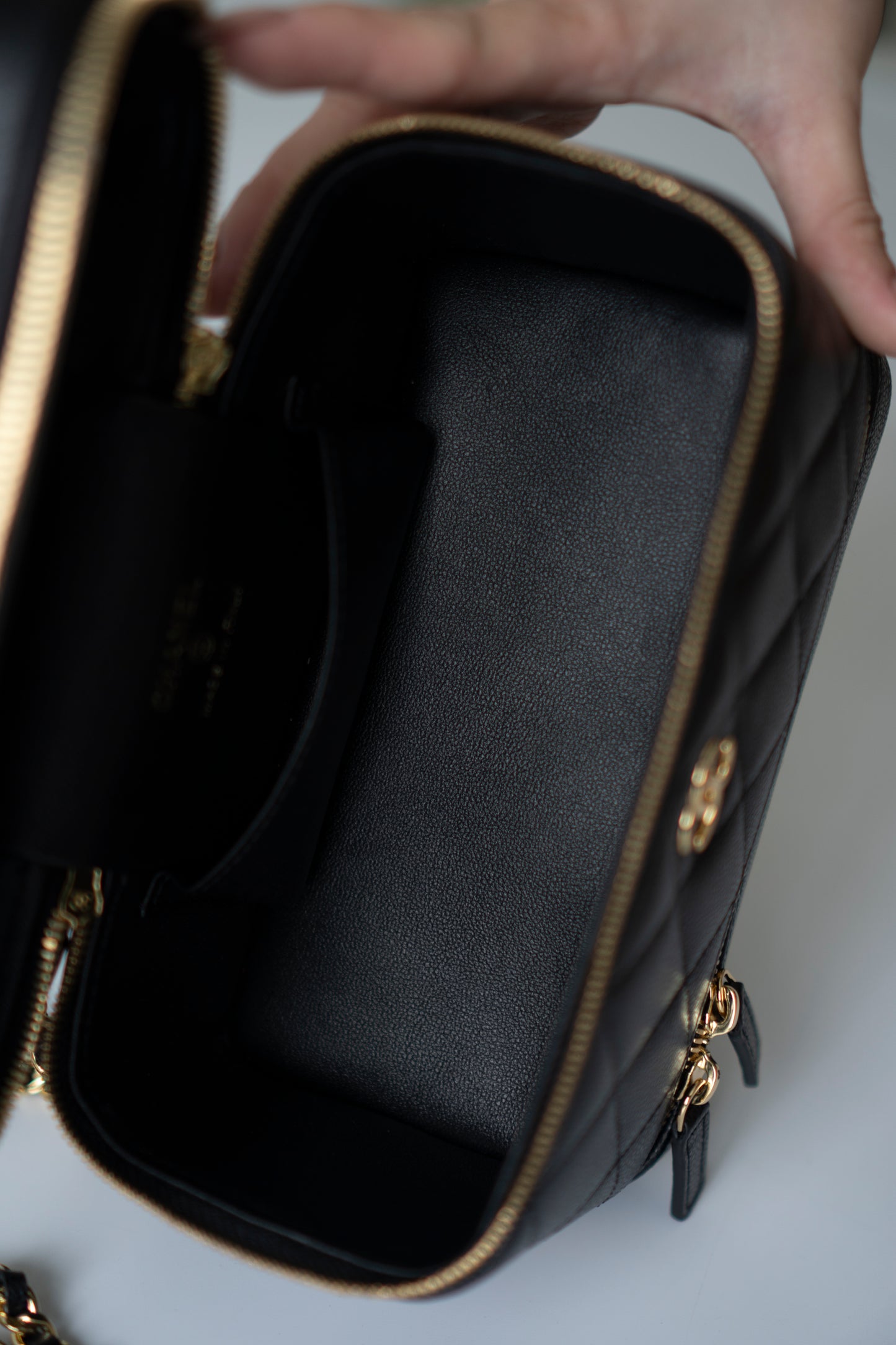 Quilted Caviar Double Zip Vanity Case with Chain & Charm