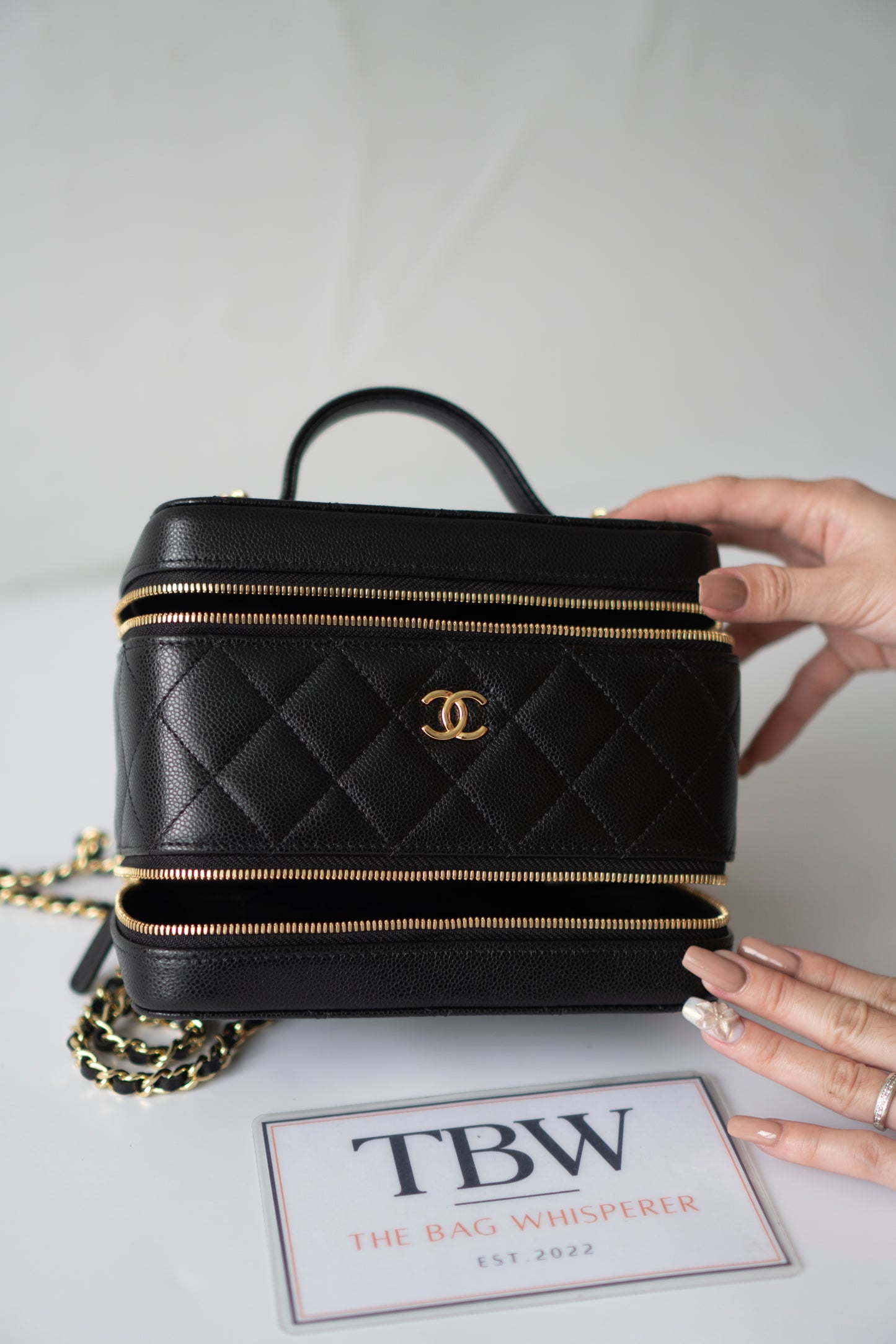 Quilted Caviar Double Zip Vanity Case with Chain & Charm