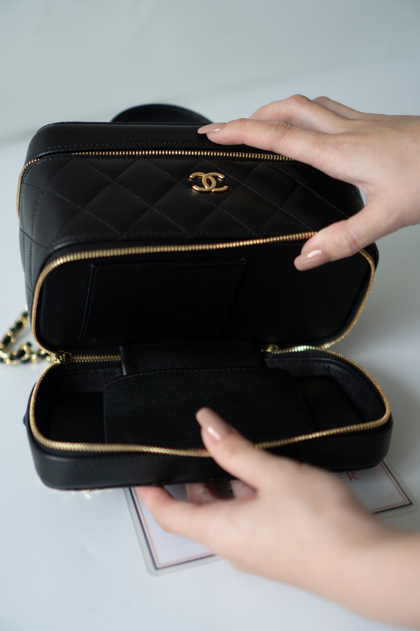Quilted Caviar Double Zip Vanity Case with Chain & Charm