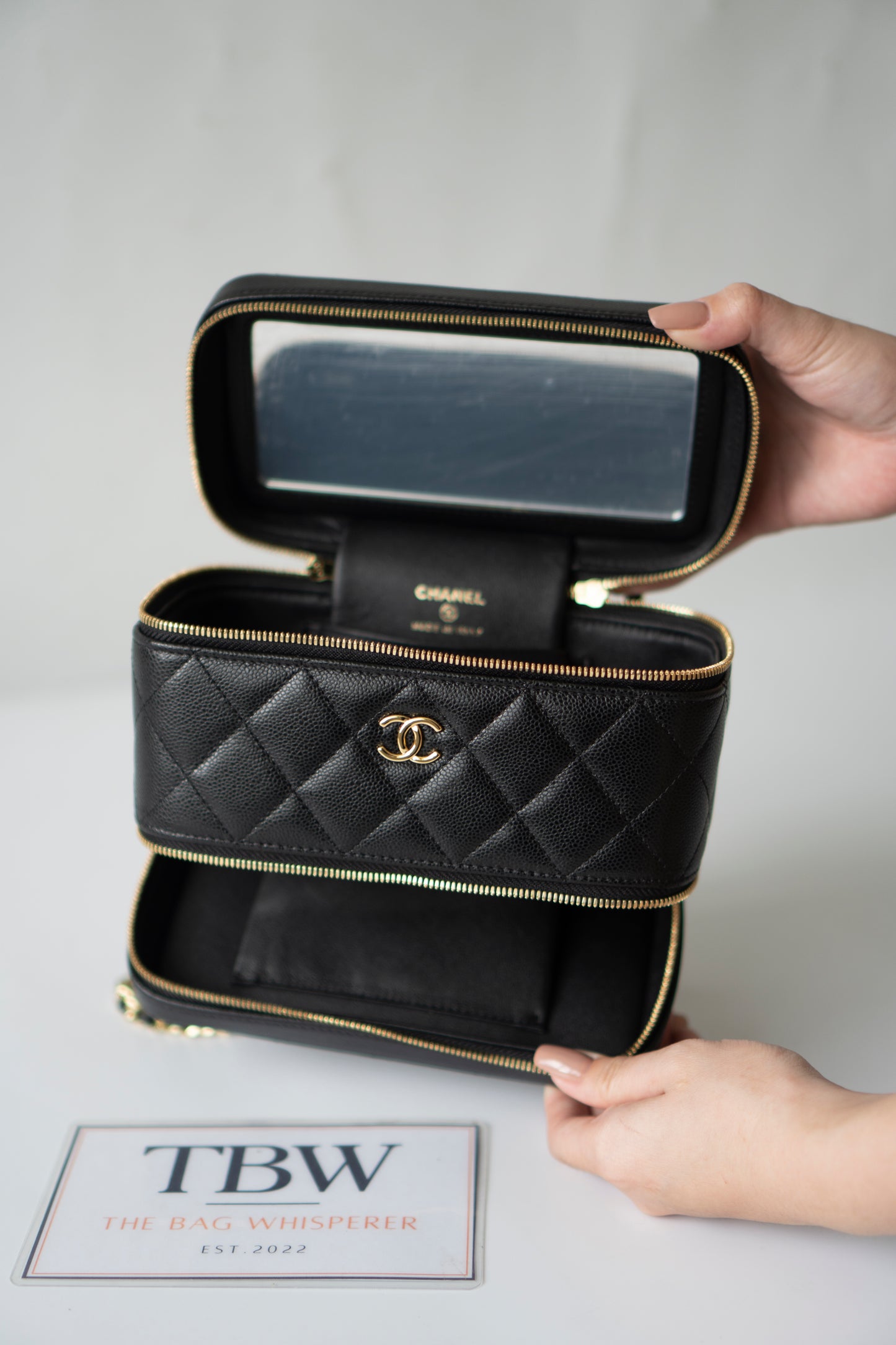 Quilted Caviar Double Zip Vanity Case with Chain & Charm