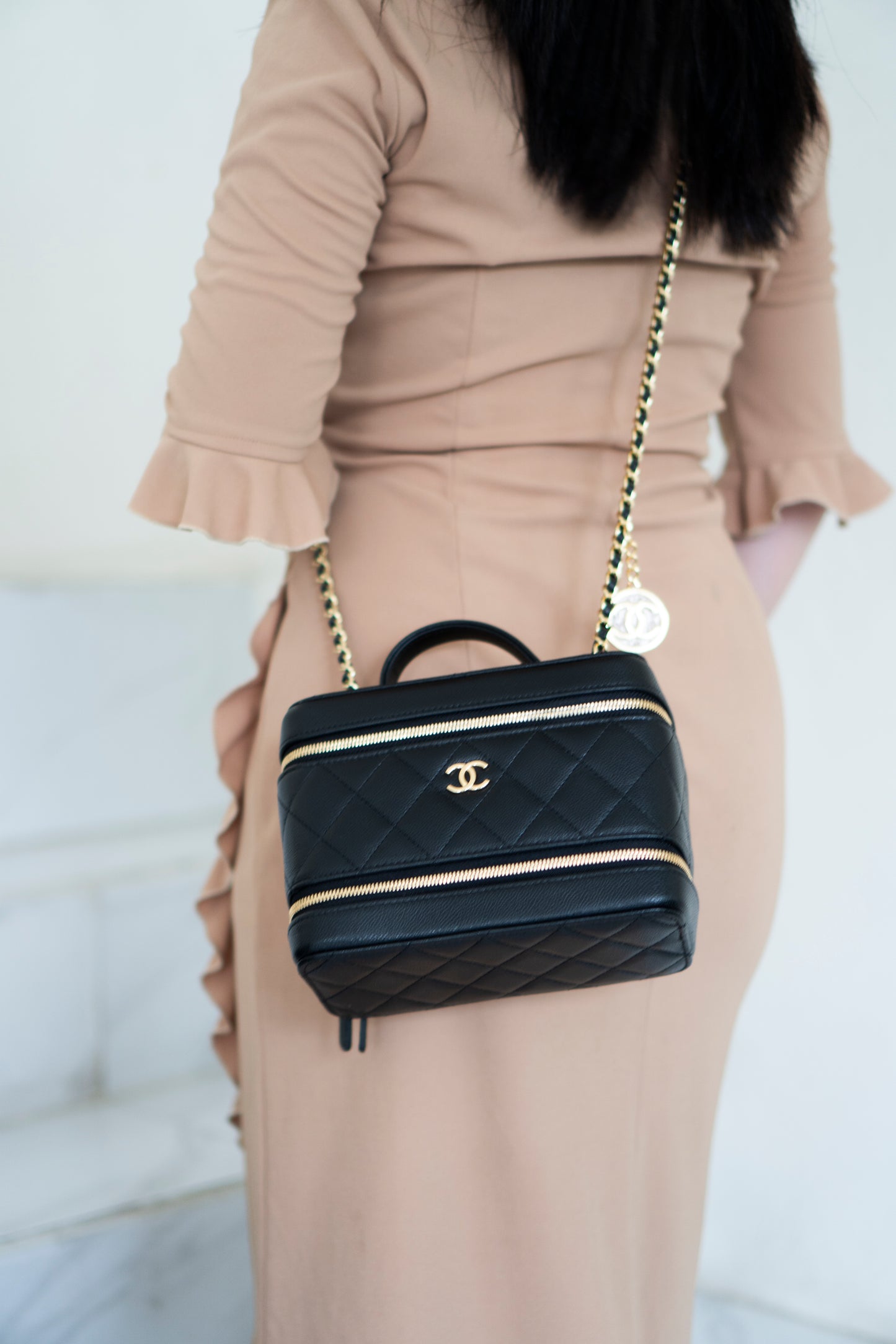 Quilted Caviar Double Zip Vanity Case with Chain & Charm