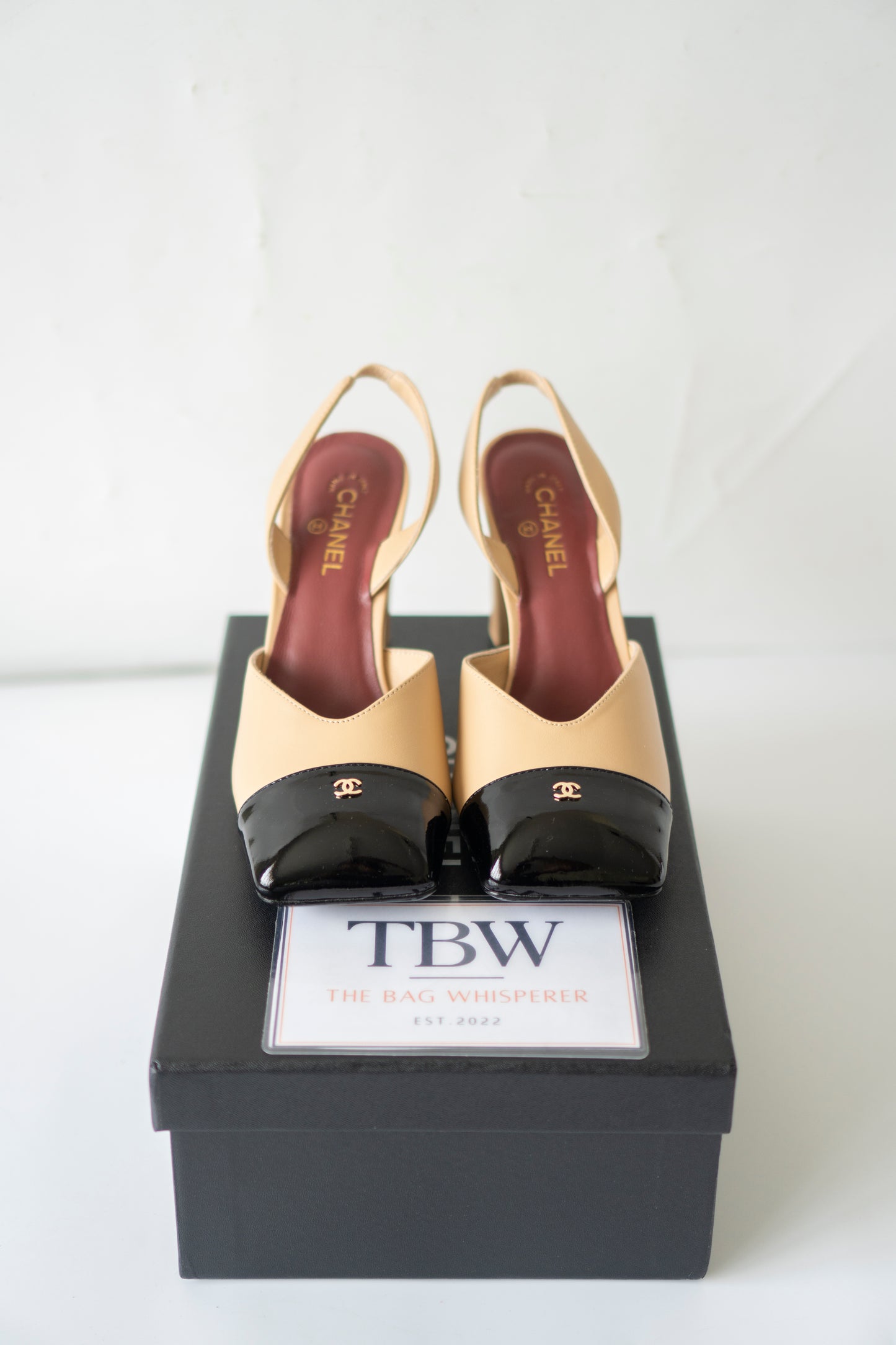 Square Toe Slingback Pumps in Beige & Black
