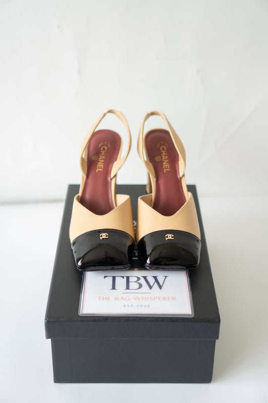 Square Toe Slingback Pumps in Beige & Black