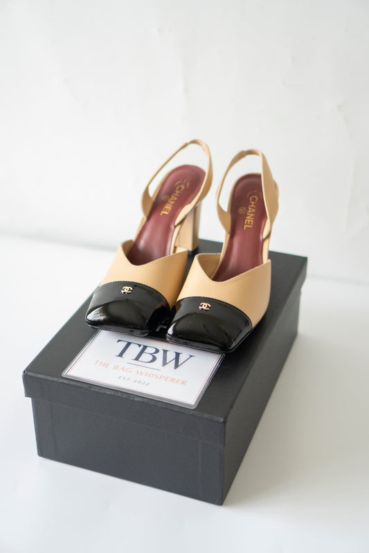 Square Toe Slingback Pumps in Beige & Black