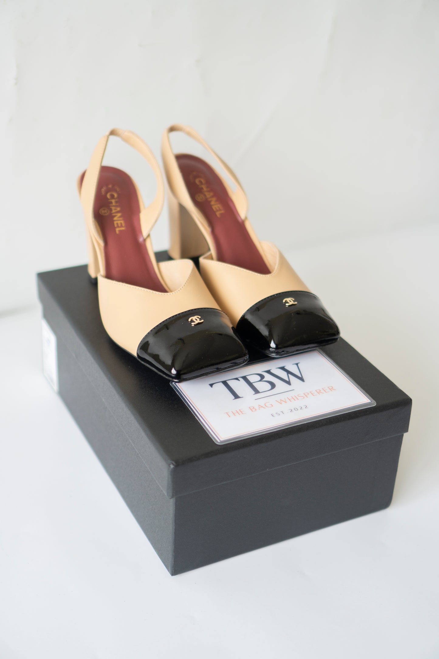 Square Toe Slingback Pumps in Beige & Black