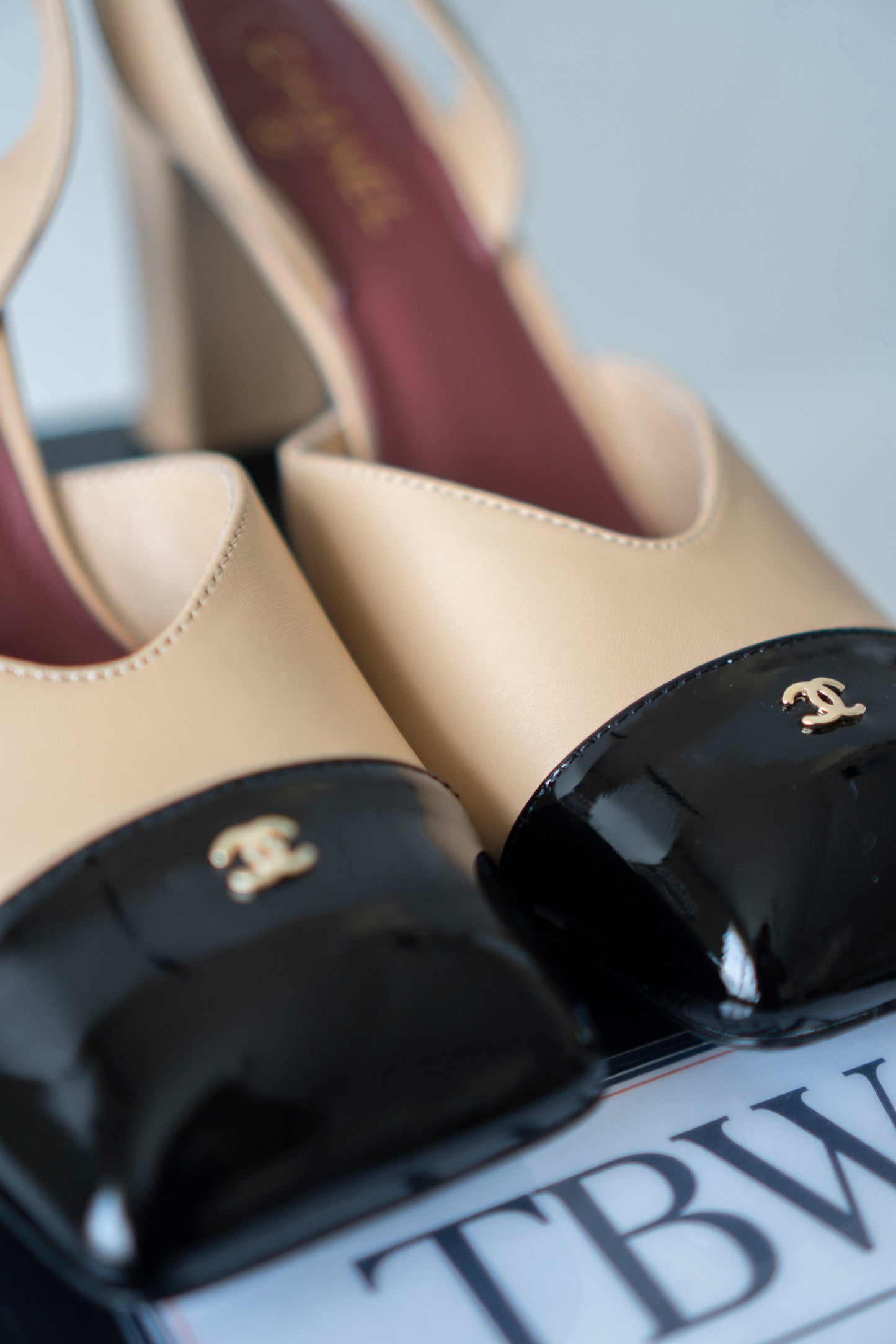 Square Toe Slingback Pumps in Beige & Black