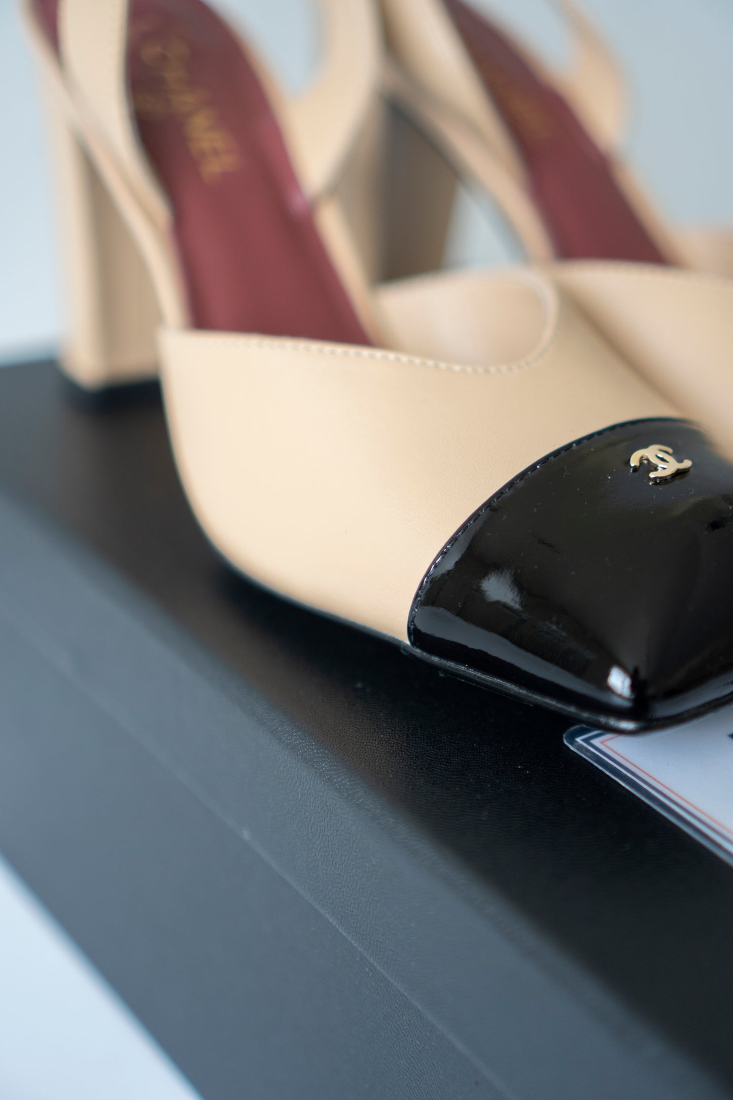 Square Toe Slingback Pumps in Beige & Black