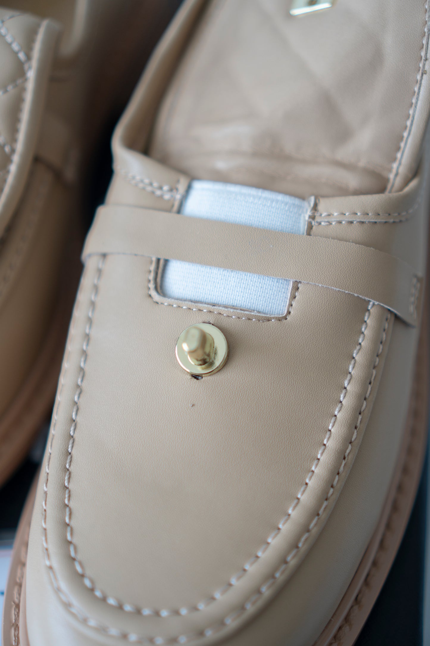 Quilted CC Turnlock Moccasin Loafers in Beige