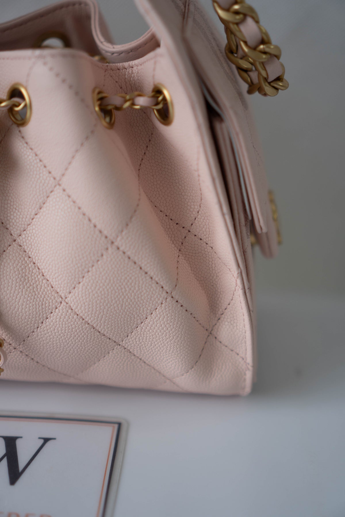 CC Small Drawstring Bucket Bag – Light Pink Caviar Leather with Gold Hardware
