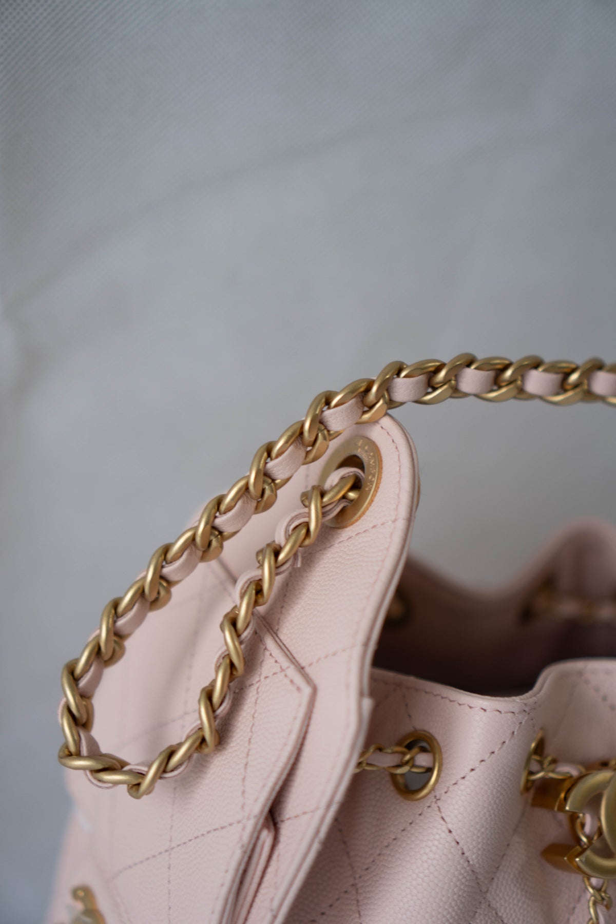 CC Small Drawstring Bucket Bag – Light Pink Caviar Leather with Gold Hardware