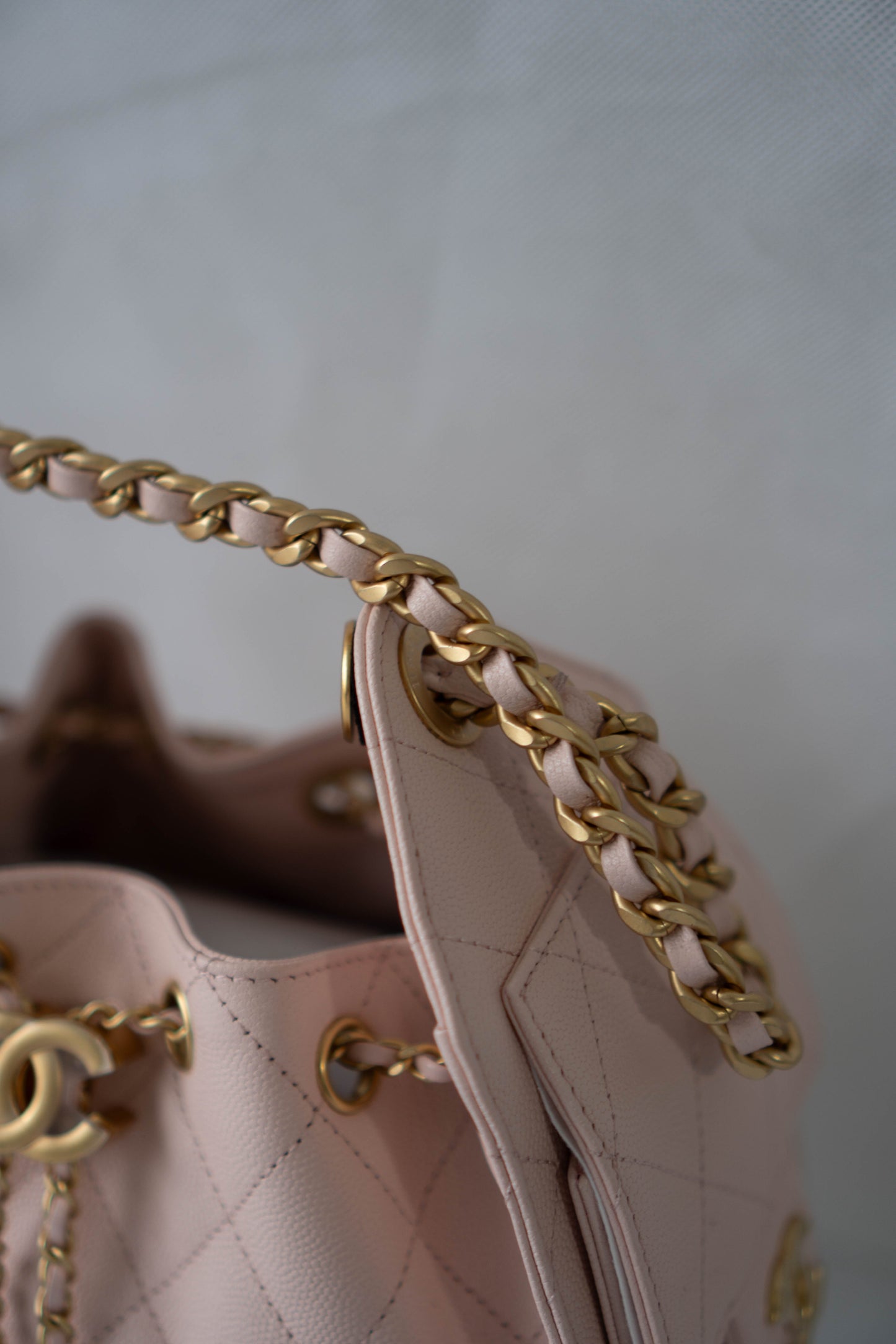 CC Small Drawstring Bucket Bag – Light Pink Caviar Leather with Gold Hardware
