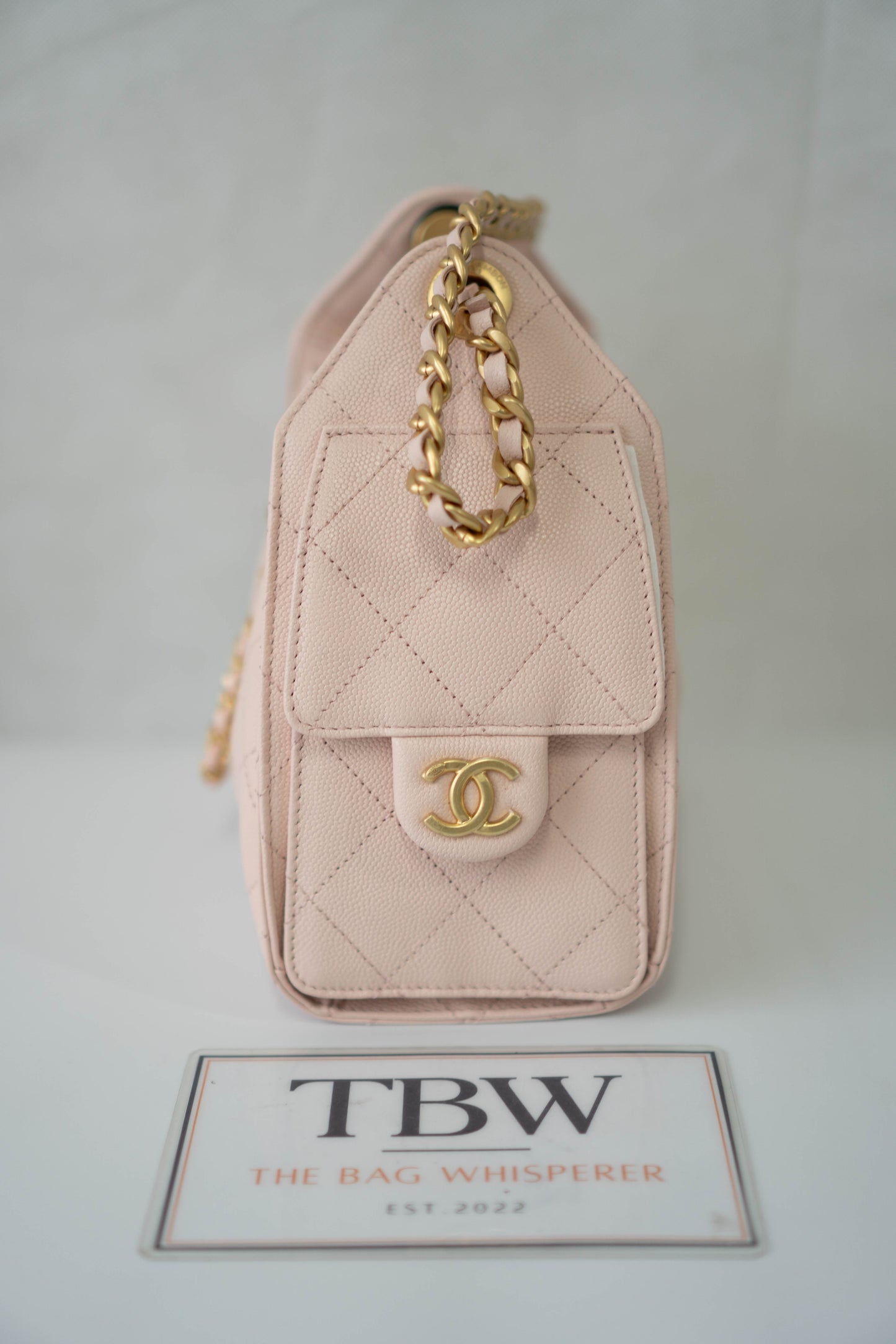 CC Small Drawstring Bucket Bag – Light Pink Caviar Leather with Gold Hardware