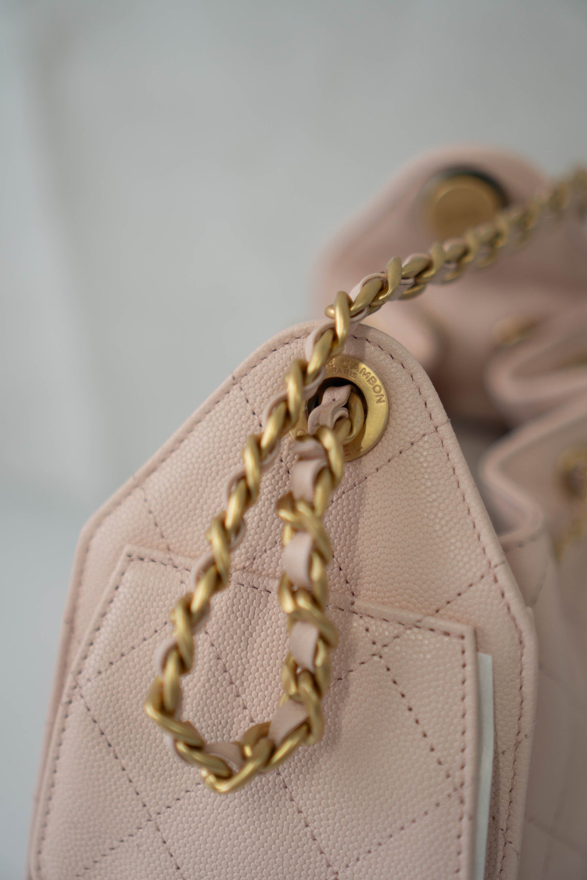 CC Small Drawstring Bucket Bag – Light Pink Caviar Leather with Gold Hardware