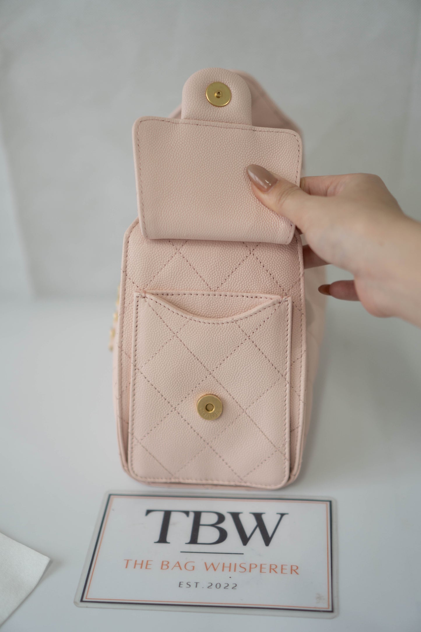 CC Small Drawstring Bucket Bag – Light Pink Caviar Leather with Gold Hardware