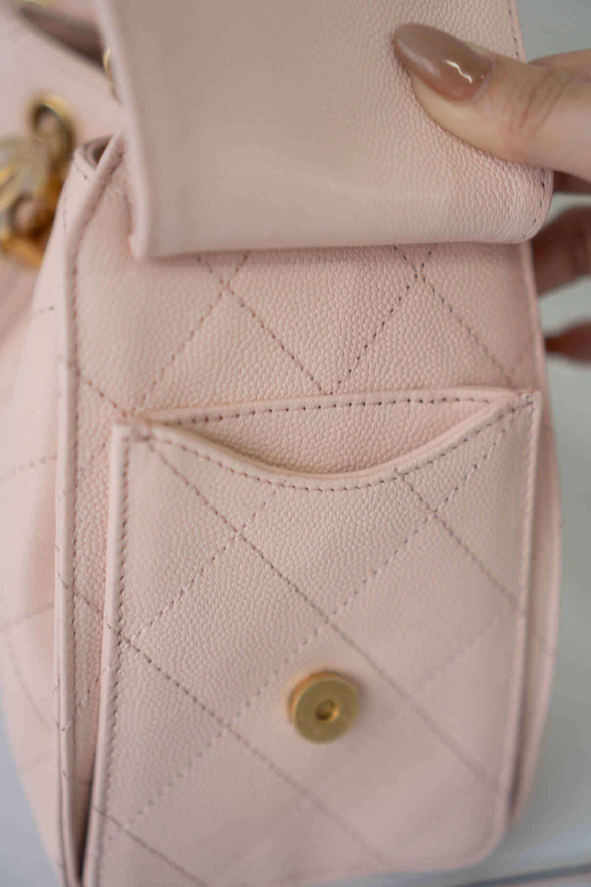CC Small Drawstring Bucket Bag – Light Pink Caviar Leather with Gold Hardware