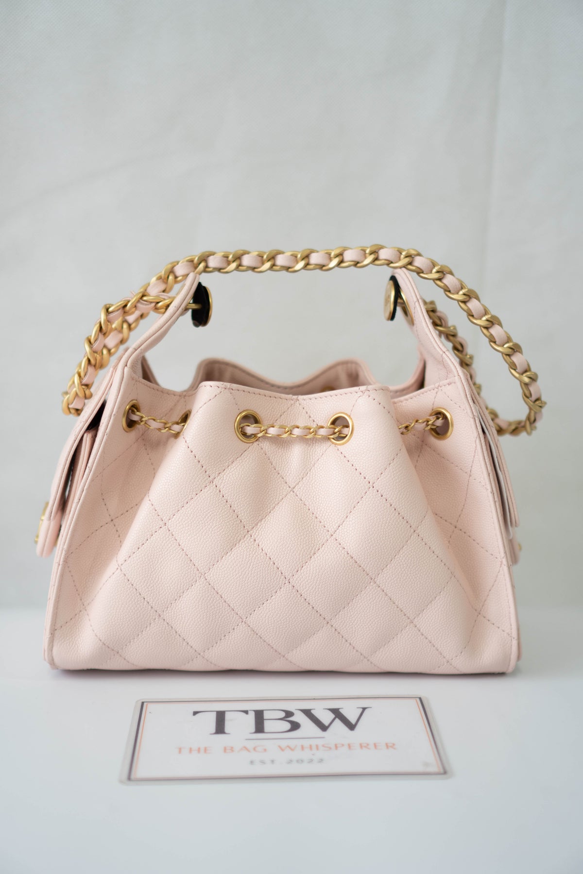 CC Small Drawstring Bucket Bag – Light Pink Caviar Leather with Gold Hardware