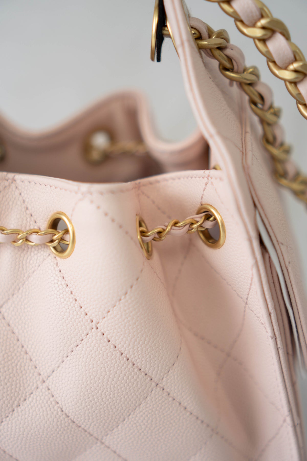 CC Small Drawstring Bucket Bag – Light Pink Caviar Leather with Gold Hardware