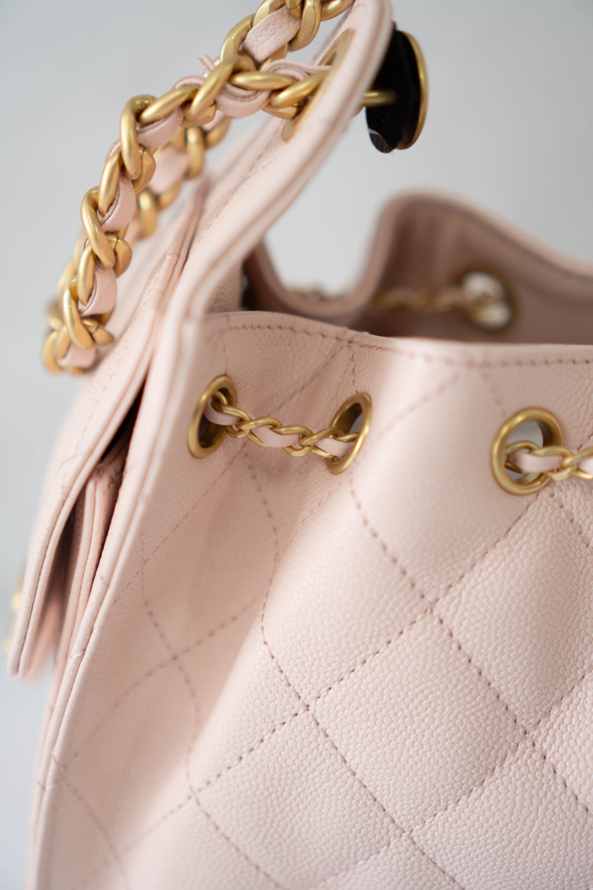 CC Small Drawstring Bucket Bag – Light Pink Caviar Leather with Gold Hardware