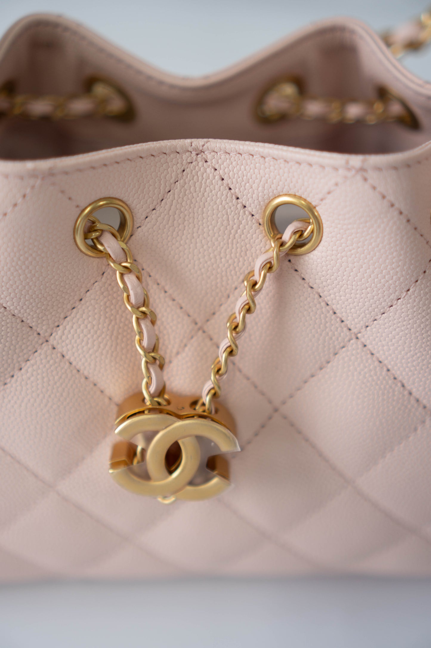 CC Small Drawstring Bucket Bag – Light Pink Caviar Leather with Gold Hardware