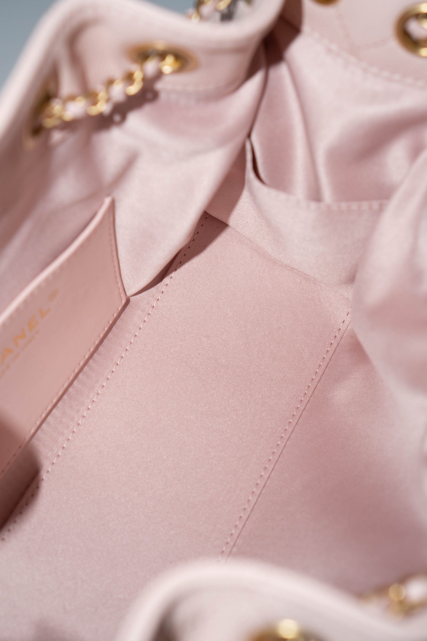 CC Small Drawstring Bucket Bag – Light Pink Caviar Leather with Gold Hardware