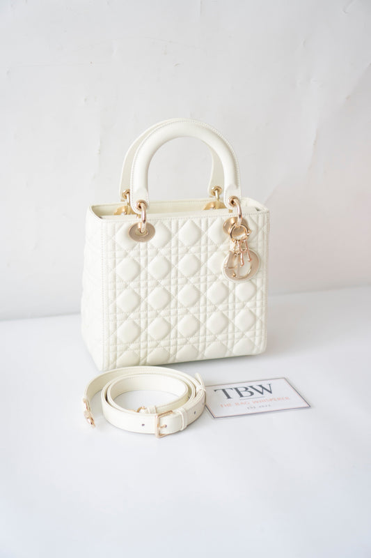 Lady D Medium Bag in White Lambskin
