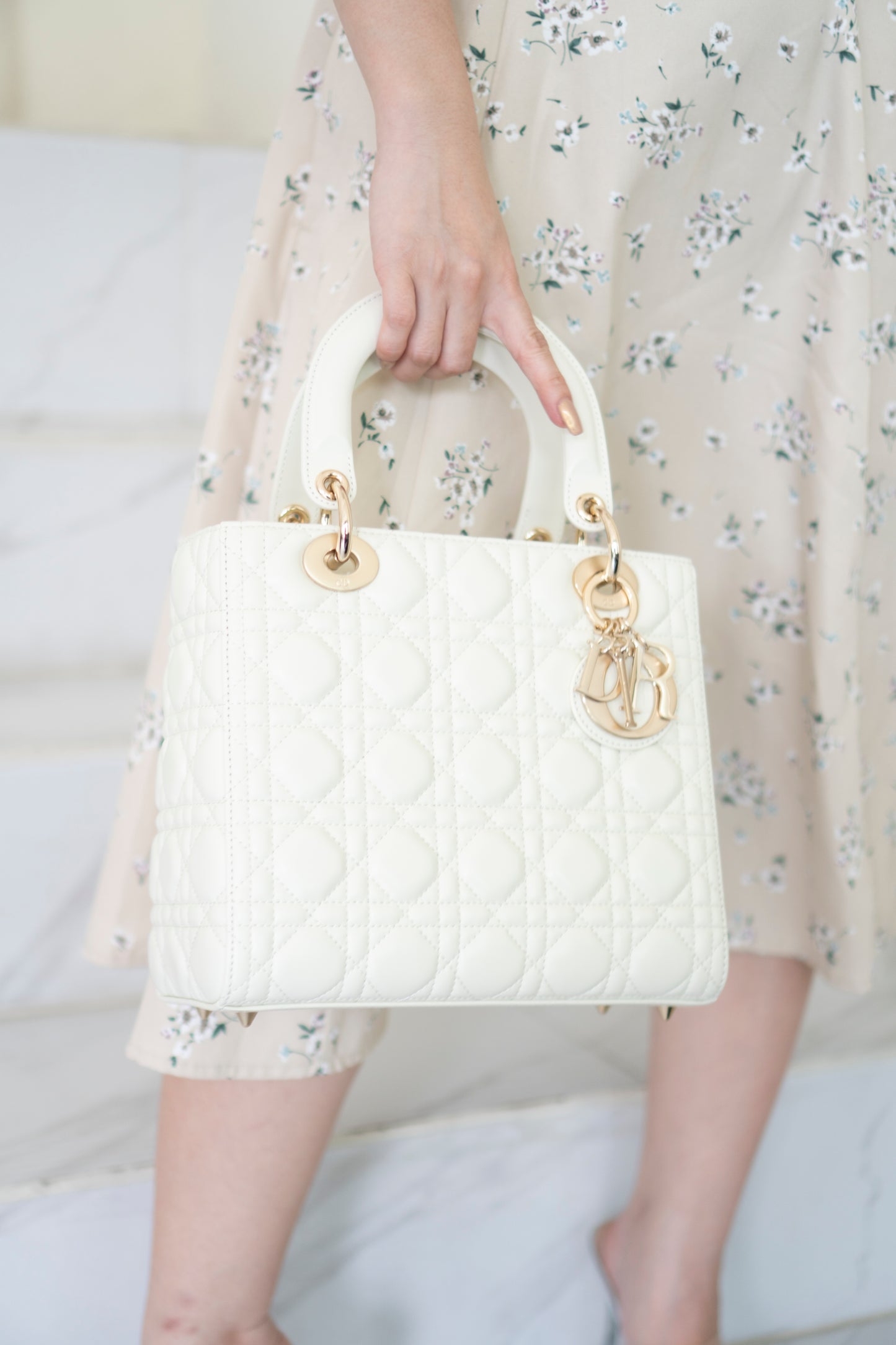 Lady D Medium Bag in White Lambskin
