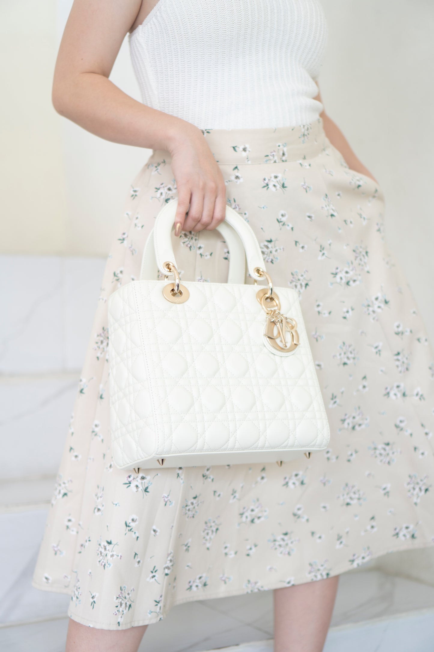 Lady D Medium Bag in White Lambskin