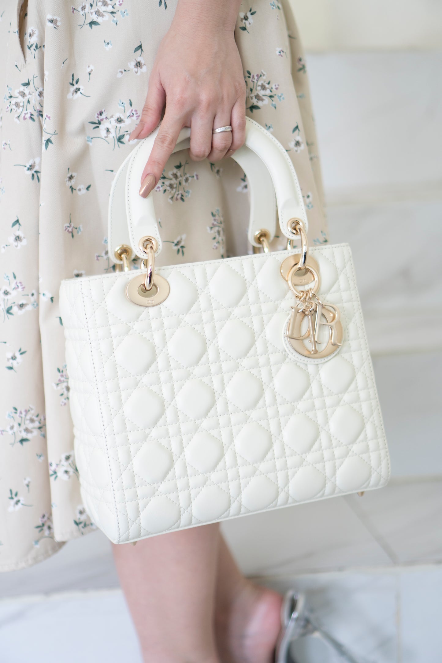 Lady D Medium Bag in White Lambskin