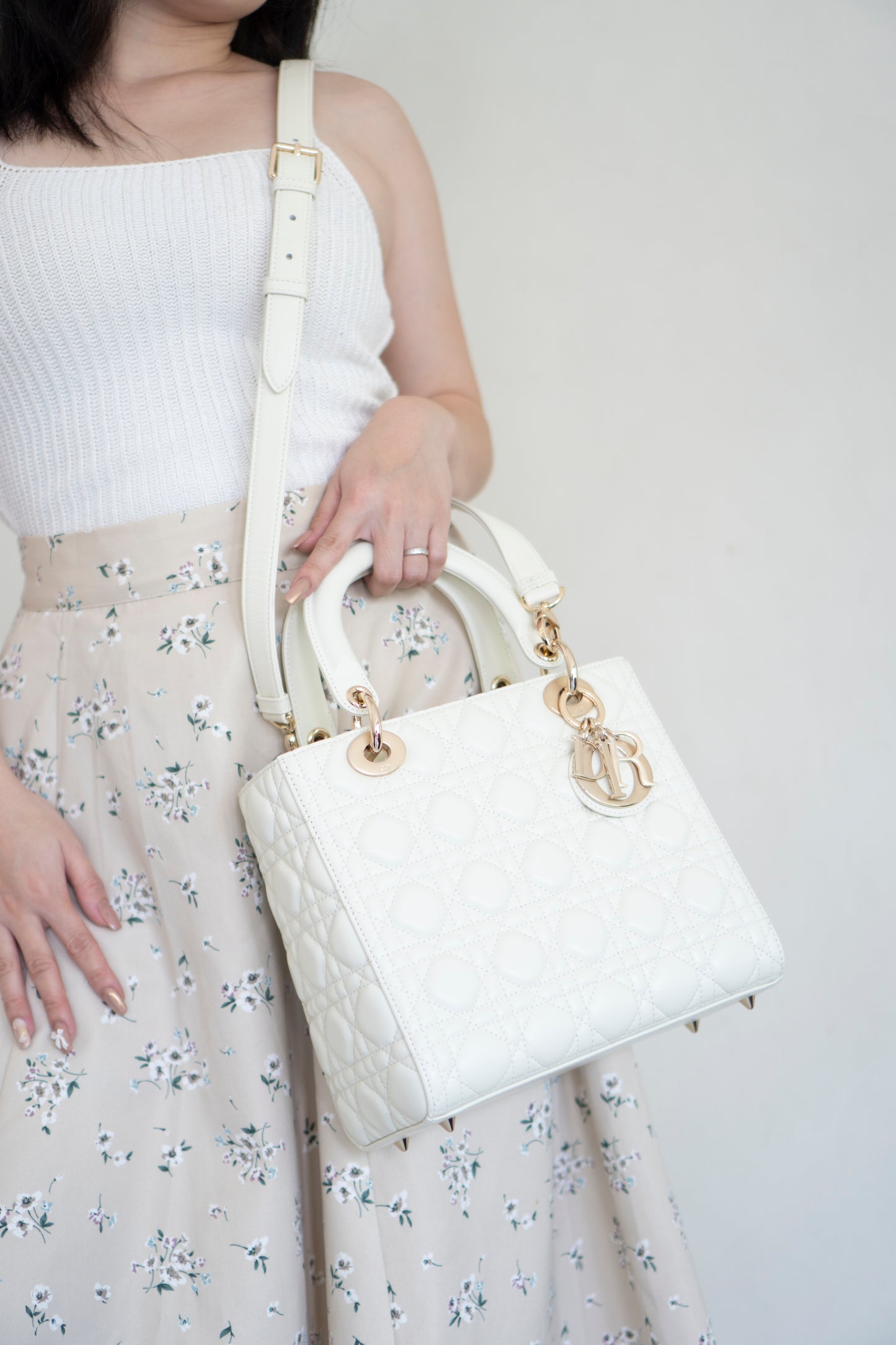 Lady D Medium Bag in White Lambskin