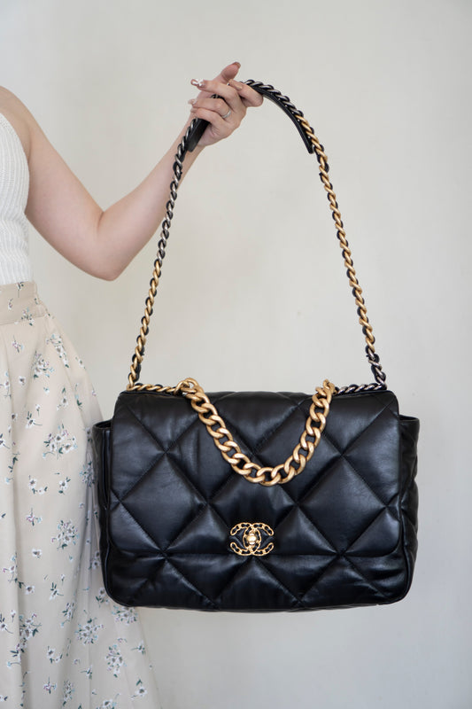 19 Maxi Flap Bag in Black Lambskin
