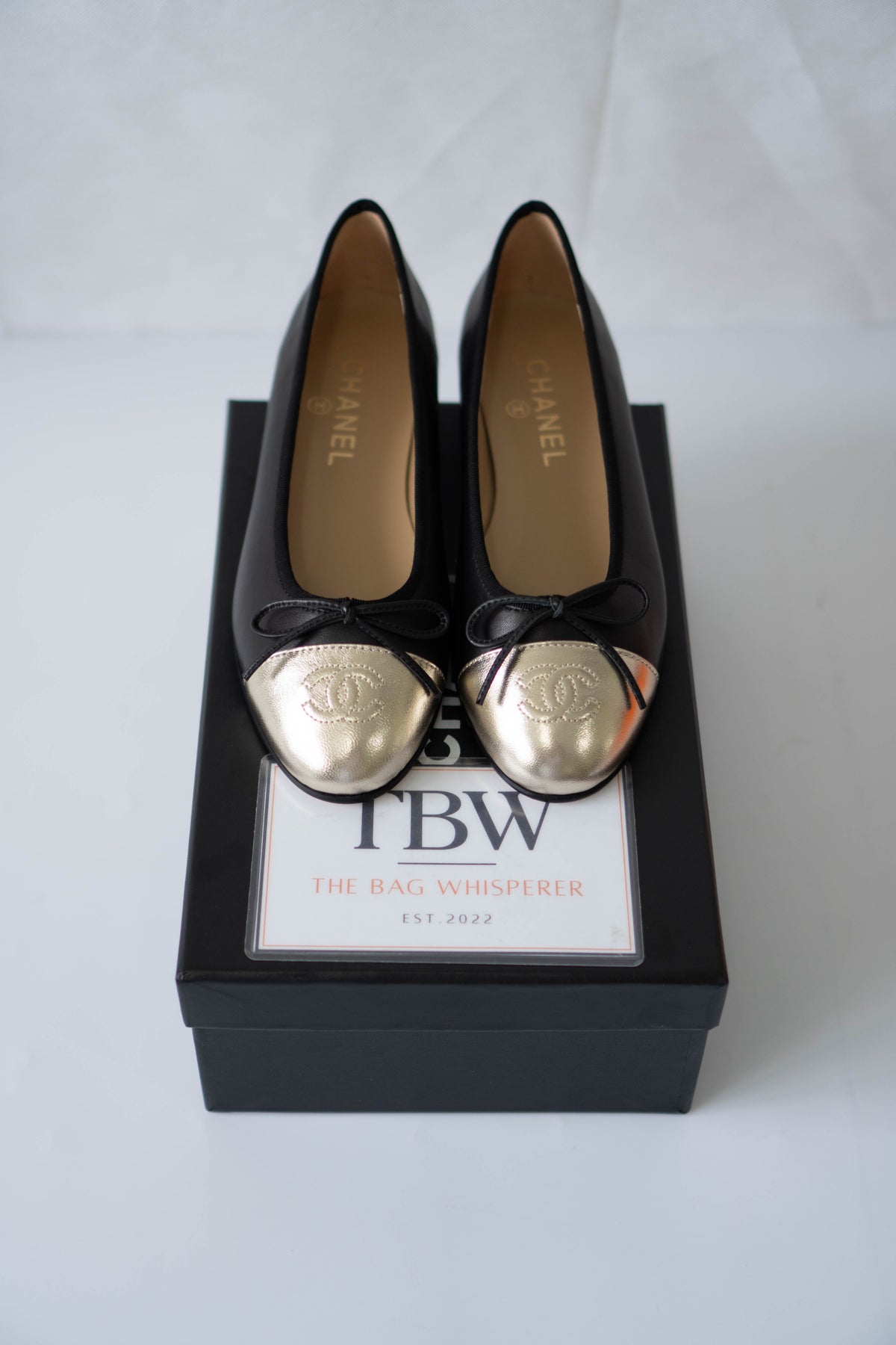 Classic Ballerina Flats – Black Lambskin with Metallic Gold Toe Cap