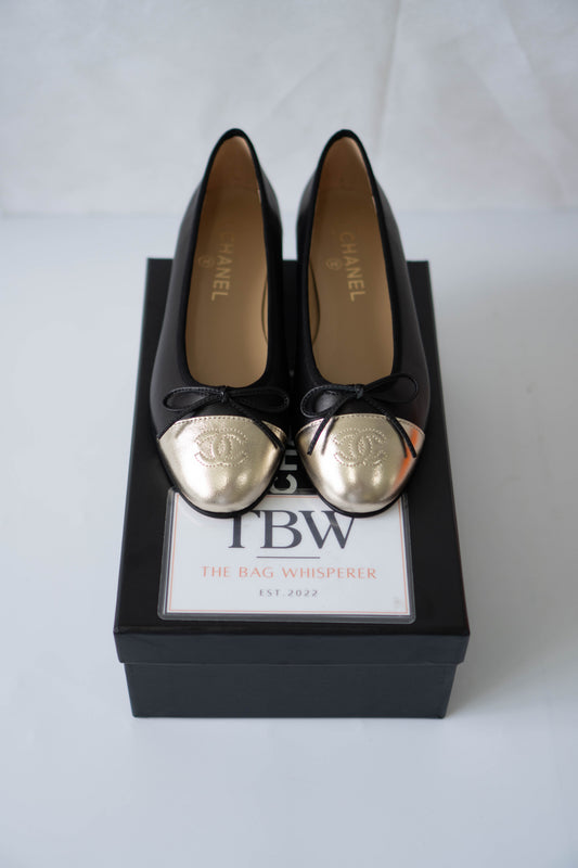Classic Ballerina Flats – Black Lambskin with Metallic Gold Toe Cap